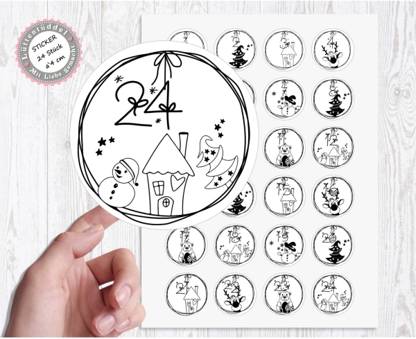 24 Stück zuckersüße Zahlen Adventskalenderaufkleber Sticker Zeichnung Weihnachten  /4cm rund mit-oder ohne 24 Beutelchen aus Kraftpapier - von Lüttentüddel